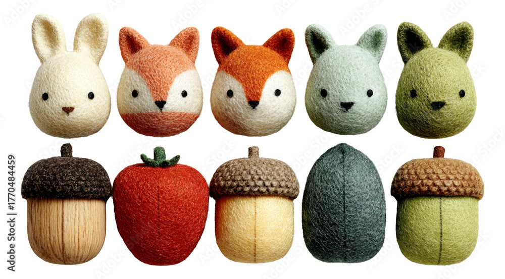 Naklejka premium Colorful Collection of Adorable Felt Animals and Objects on Transparent Background