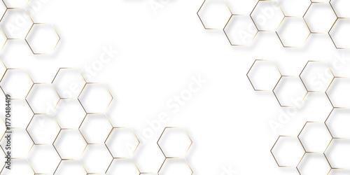 Abstract white background with gold hexagons seamless pattern and geometric in vector design. Futuristic blue neon honeycombs. Modern technology design .Minimal style website banner, decoration .