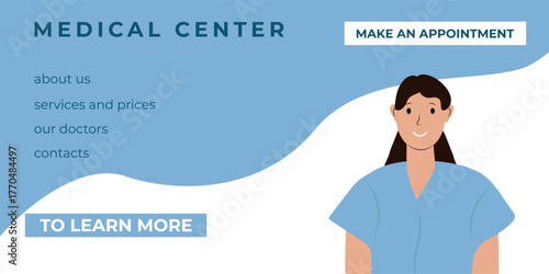 A flat illustration of the medical center's promotional banner in blue and white tones.  A stylized girl in a blue uniform with dark hair on a light background
