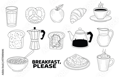 Hand drawn breakfast food and drink collection espresso maker coffee cup toast fruit jars and more illustration
