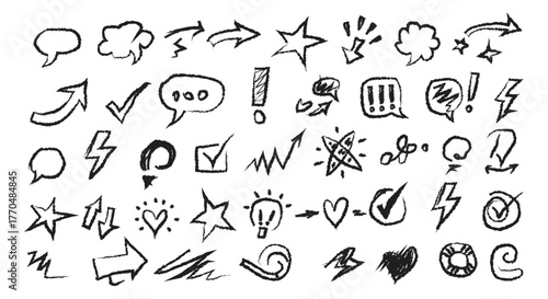 Hand-drawn sketch icons speech bubbles arrows stars lightbulbs checks and exclamations for design projects illustration