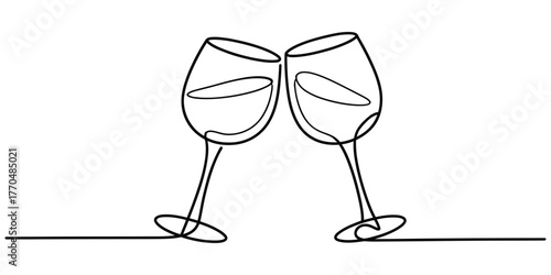 Continuous line drawing of two wine glasses clinking together in celebration vector