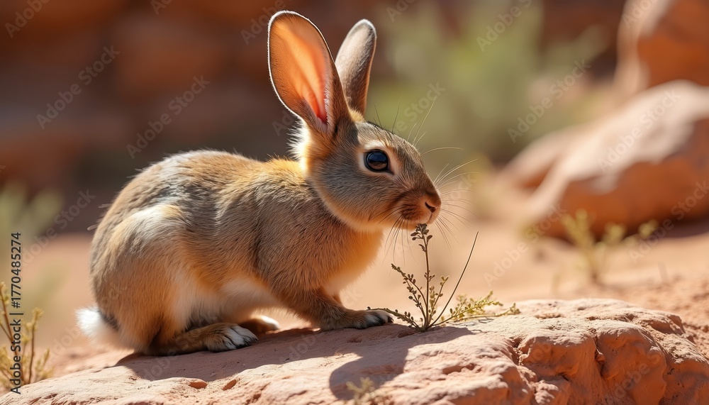 Fototapeta premium Brown rabbit sits on red rock in desert landscape. The wild animal examines a small plant with its nose. Sunlight illuminates the creatures fur and ears, highlighting its natural habitat.