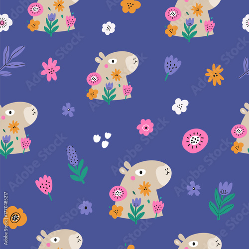 Capybara Seamless Pattern with Flowers and Leaves. Cute Floral Animal Vector Background. Kids Fabric, Wallpaper, Textile Design