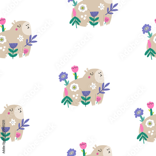 Springtime Capybara and Wildflowers Seamless Print. Simple Cartoon Animal Background for Baby Shower and Nursery Decor.