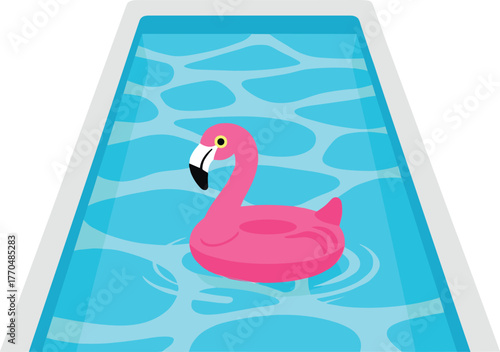 Pink flamingo float in a blue swimming pool