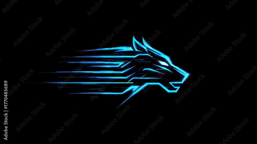 Fototapeta premium Futuristic tech wolf logo with glowing blue holographic lines in a cybernetic neon style. innovation, strength, intelligence, digital power, AI startups, tech companies, esports teams, cyber branding.