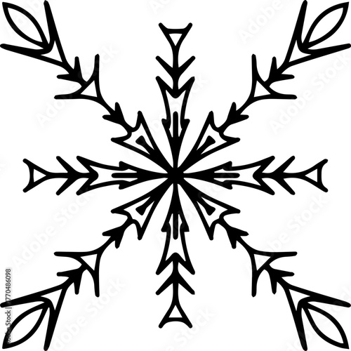 A single drawn snowflake. Doodle vector illustration. Isolated on a white background. Winter element for greeting cards, posters, covers, stickers, etc.

