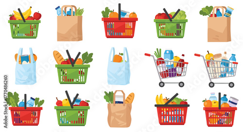 Vibrant assortment of fresh groceries in shopping baskets, carts, and bags, perfect for food retail and healthy lifestyle promotions