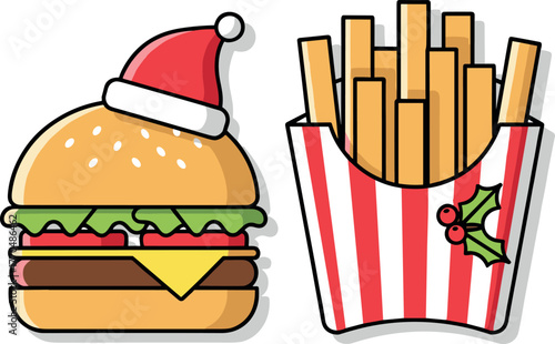 Christmas Burger and Fries Flat Illustration