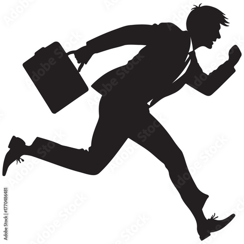 Silhouette of a businessman running with a briefcase, isolated on white background, symbolizing ambition, urgency, and the pursuit of success