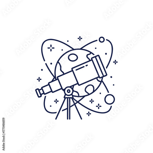 Vector icon of telescope with orbit and planet lines, representing astronomy, space research, and cosmic exploration. Flat minimalist line art design, isolated on white.