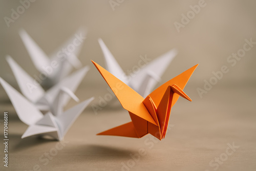 Fresh concept and creative idea bring inspiration and innovation with original origami bird showing new perspective and breakthrough