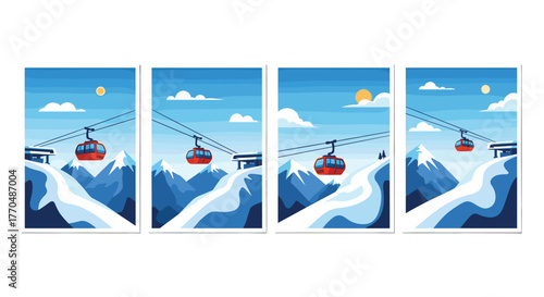 Vibrant ski resort gondola ascends snowy mountains under a clear blue sky, promising adventure and breathtaking views for winter enthusiasts