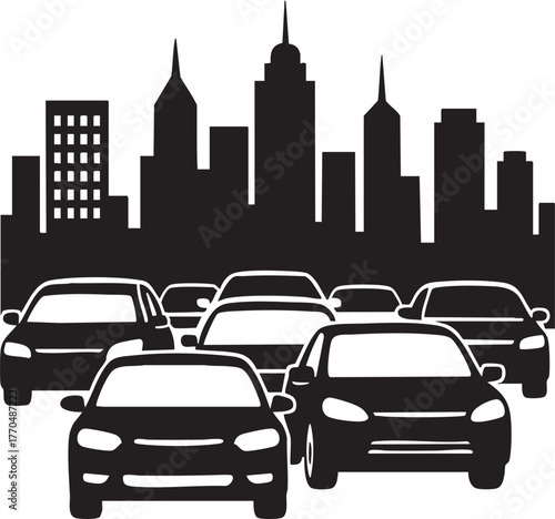 Traffic jam city scene silhouette vector