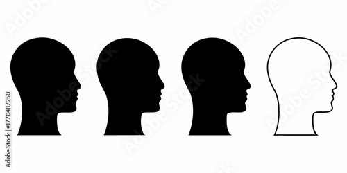 Four human head profiles in silhouette and outline on a white background