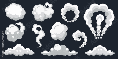Collection of stylized cartoon smoke and cloud effects for animation and design