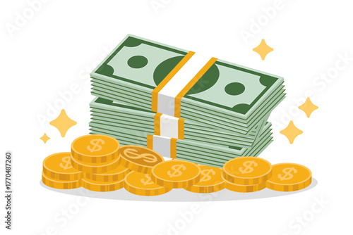 Stack of Money and Gold Coins Vector Illustration for Financial Success and Investment Growth with Sparkling Effects