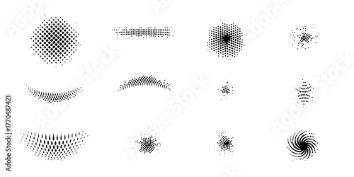 Collection of abstract halftone dot patterns and graphical elements for design