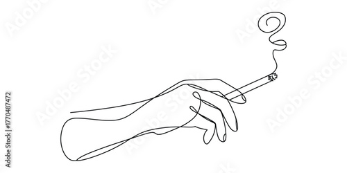 Elegant continuous line drawing of a hand holding a smoking cigarette with swirling smoke vector