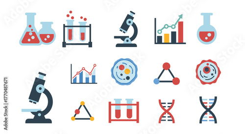 Scientific breakthroughs with vibrant icons featuring microscopes, DNA, cells, and chemistry for innovative research and development concepts