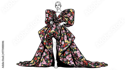 High-Quality Black Continuous Line Realistic Close-Up Fashion Illustration of Model Wearing Colorful Floral Flowing Couture Dress, Emphasized Pose and Drape on White Background