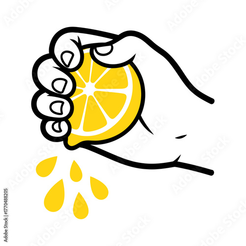 Hand Squeezing Lemon with Juice Drops Cartoon Illustration for Lemonade or Drink Concepts and Refreshment Themes on White Background