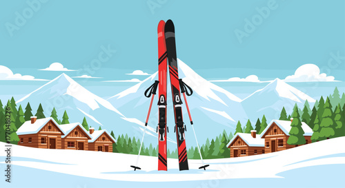 Vibrant red skis and poles stand ready in a snowy mountain village with cozy log cabins and majestic peaks, inviting winter adventure
