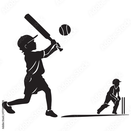 A young baseball player is swinging at a ball with another player standing behind the wickets isolated on white background