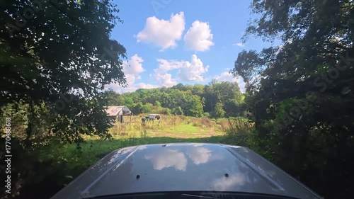 4K dynamic footage showing an offroad vehicle climbing a steep hill on a muddy forest trail surrounded by greenery.