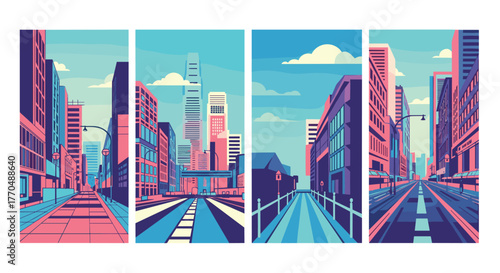 Vibrant urban cityscape with modern skyscrapers and stylized perspective leading into a bright, dynamic city center