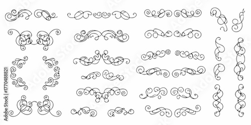 Collection of elegant black and white hand drawn ornamental swirls and decorative flourish elements
