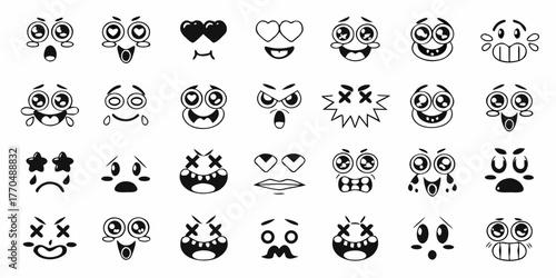 Collection of cartoon face expressions and emotions in black and white style for animation and design