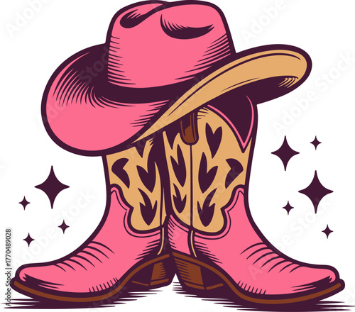 Pink & yellow cowboy boots with hat, vector illustration. Country style design, cowgirl, western, southern