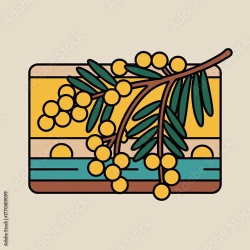 Minimalist Aesthetic Illustration of Sea Buckthorn Branch against a Geometric Sunset Landscape Modern and Trendy