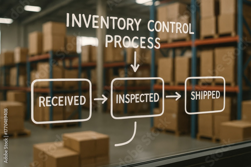 Inventory control process management and logistics show stages to receive inspect and ship goods with warehouse workflow