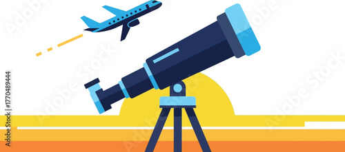 Telescope looking at airplane flying in the sky on
