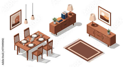 Stylish modern dining room furniture set with table chairs sideboard rug and artwork for contemporary home design concepts