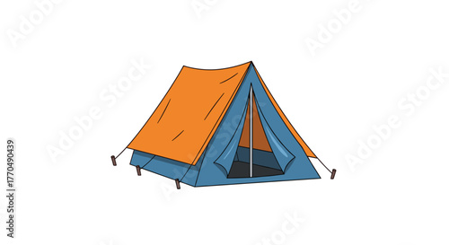 Vibrant orange and blue camping tent ready for outdoor adventures and wilderness exploration, symbolizing freedom and nature