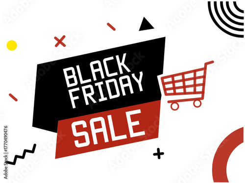 Black friday red sale sign with shopping bags and shopping cart
