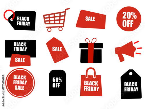 Black friday set of red sale and discount price tags for shop and business design