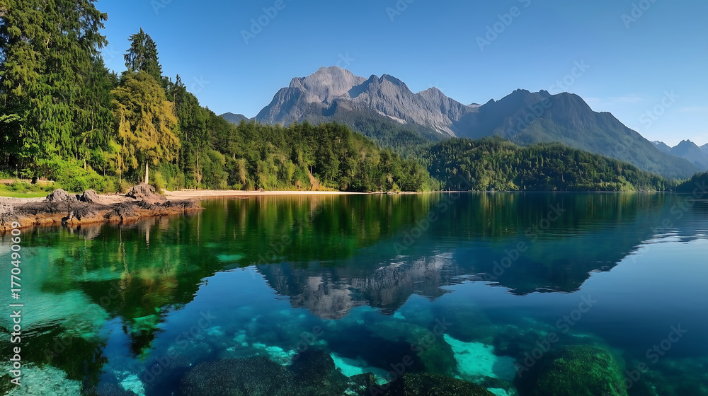 Fototapeta premium Clear mountain lake at sunrise, calm water mirrors sharp peaks and pine forest with rich blue and green color