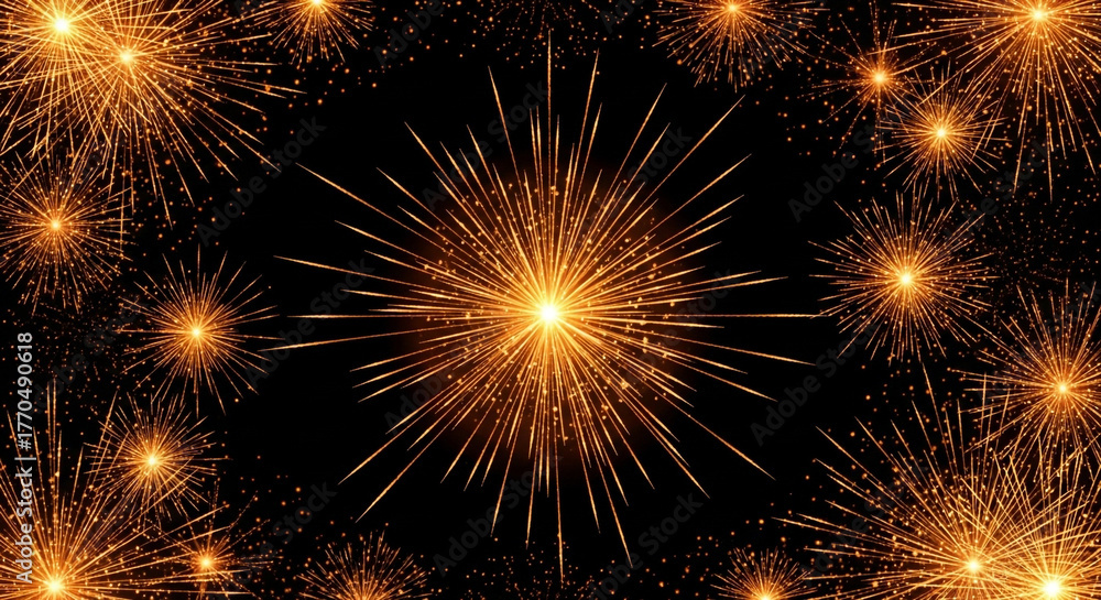 Fototapeta premium Exploding golden fireworks illuminate the dark night sky creating a celebratory and festive atmosphere for any special occasion.