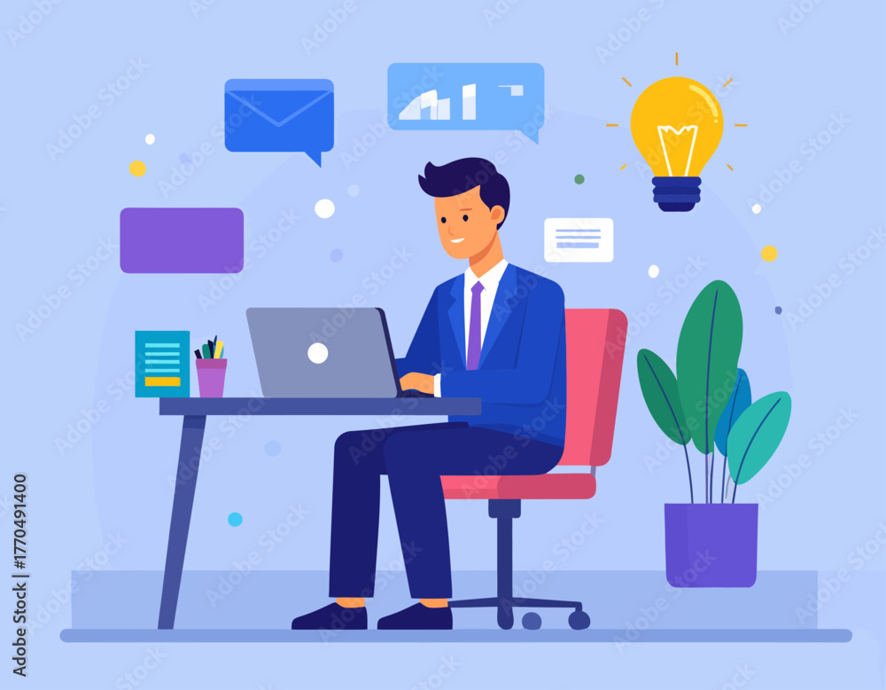Fototapeta premium A flat vector illustration of a male professional multitasking at an office desk, surrounded by icons representing workflow and creativity