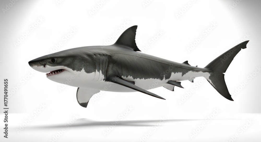 Naklejka premium Sharp-toothed great white shark swimming left against a bright white backdrop