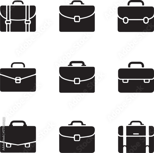 Nine Black Silhouette Icons of Briefcases and Attache Cases luggage business