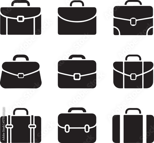 Nine Black Silhouette Icons of Briefcases and Attache Cases luggage business