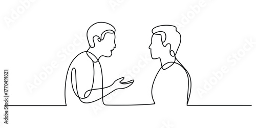 Two people engaged in conversation depicted with a single continuous line drawing technique vector