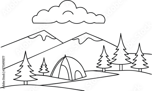 Simple Line Drawing of a Mountain Landscape with a Tent white keywords