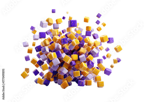 Floating pile of purple and yellow cubes in varied sizes and positions isolated on a black background